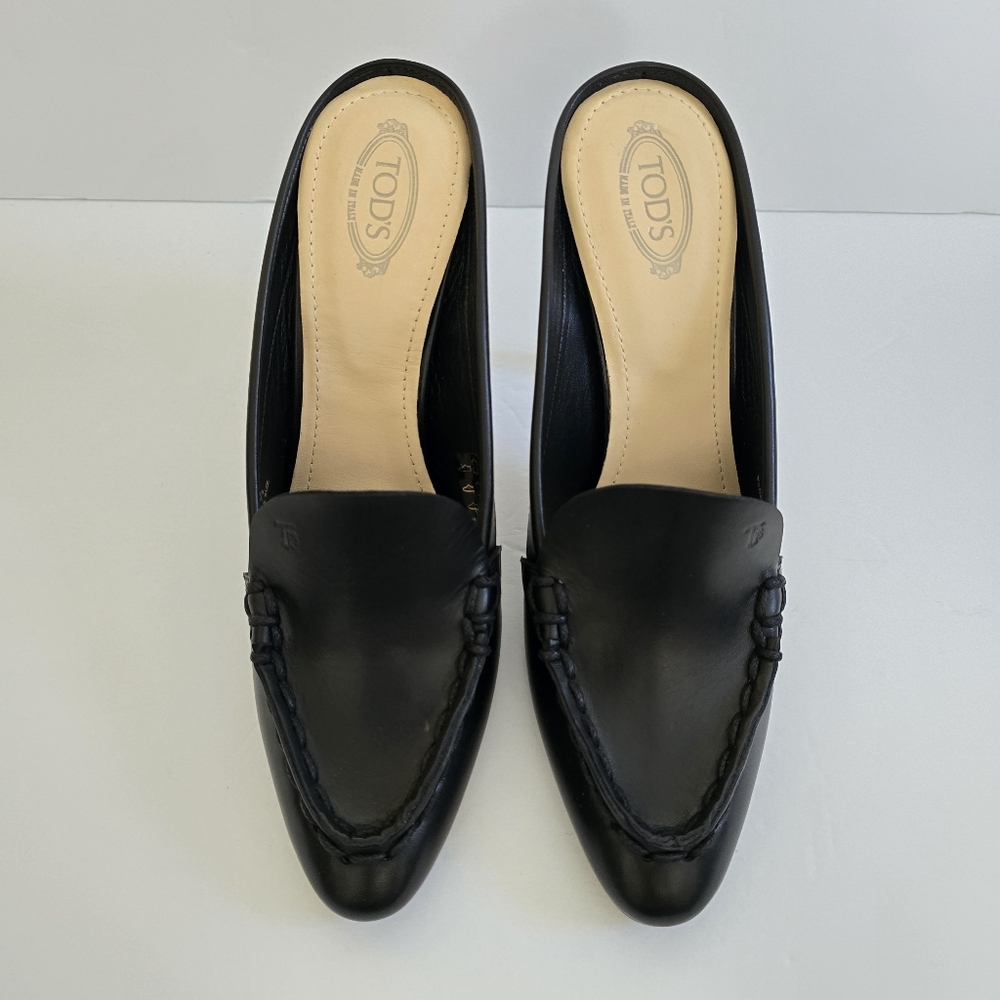 Tod's Leather Mocassin Pointed Toe High Heel Mules Size 39.5 Black - Picture 5 of 10